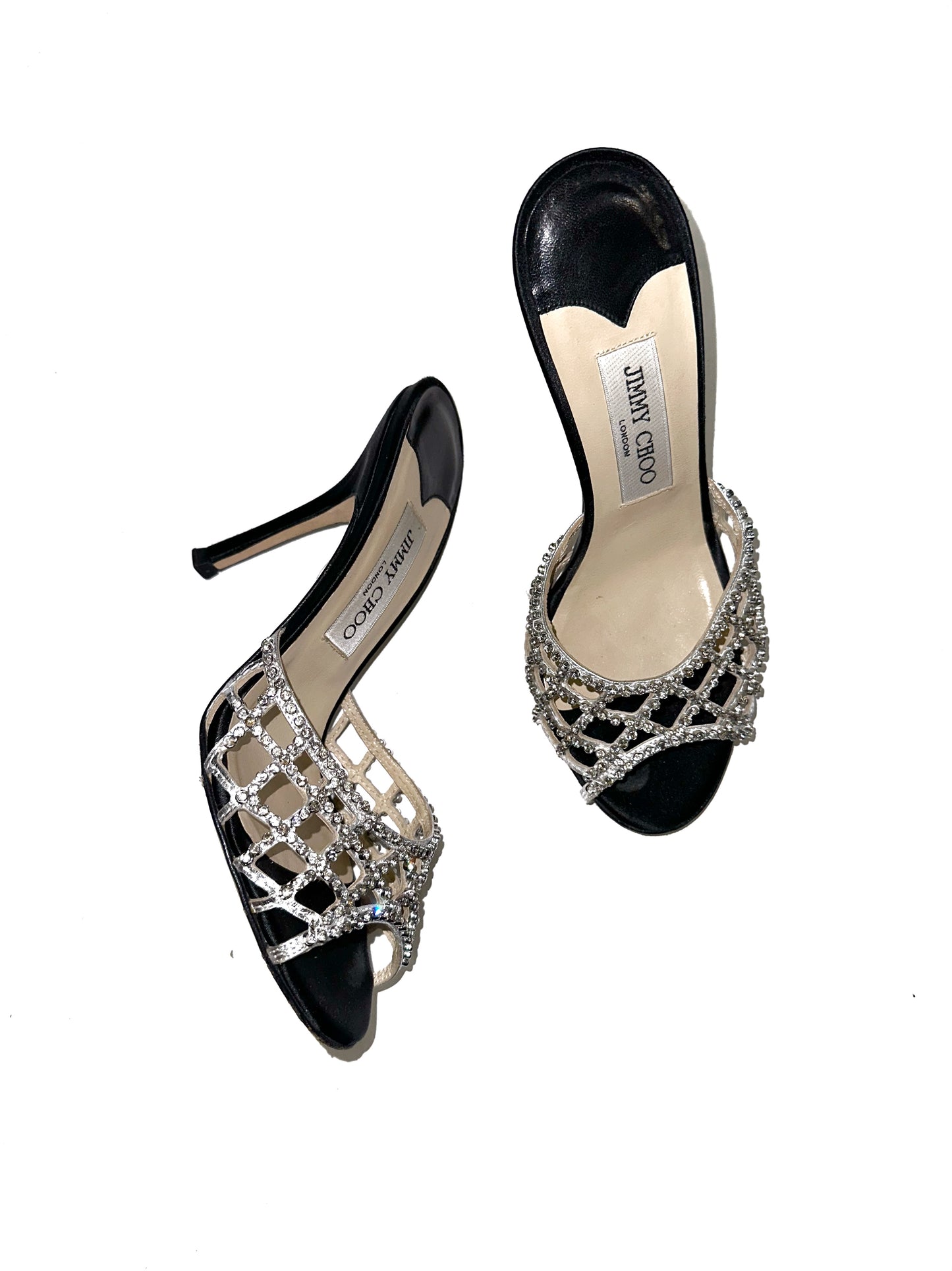 JIMMY CHOO black satin rhinestone heels