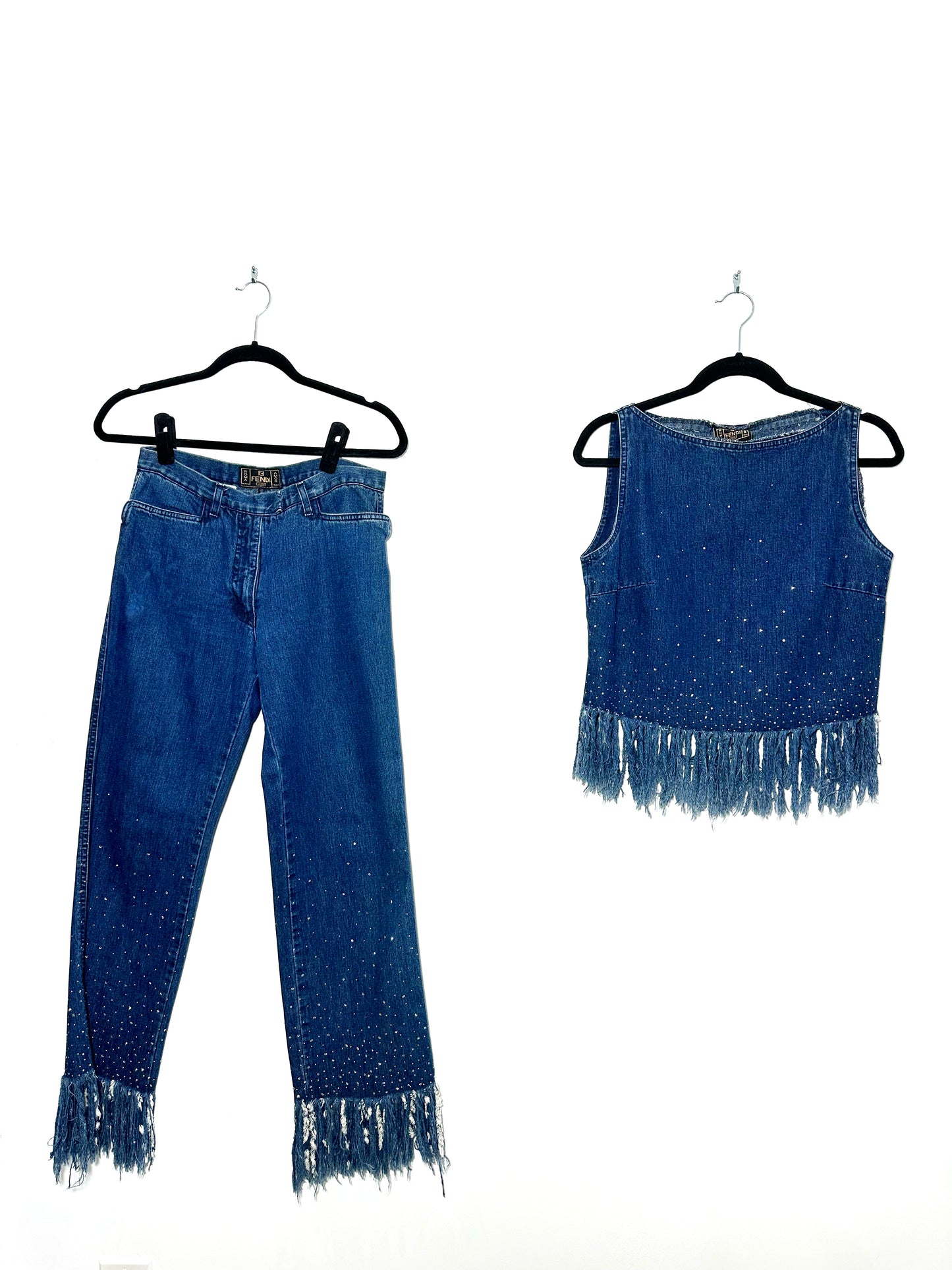 FENDI denim rhinestone fray fringe set
