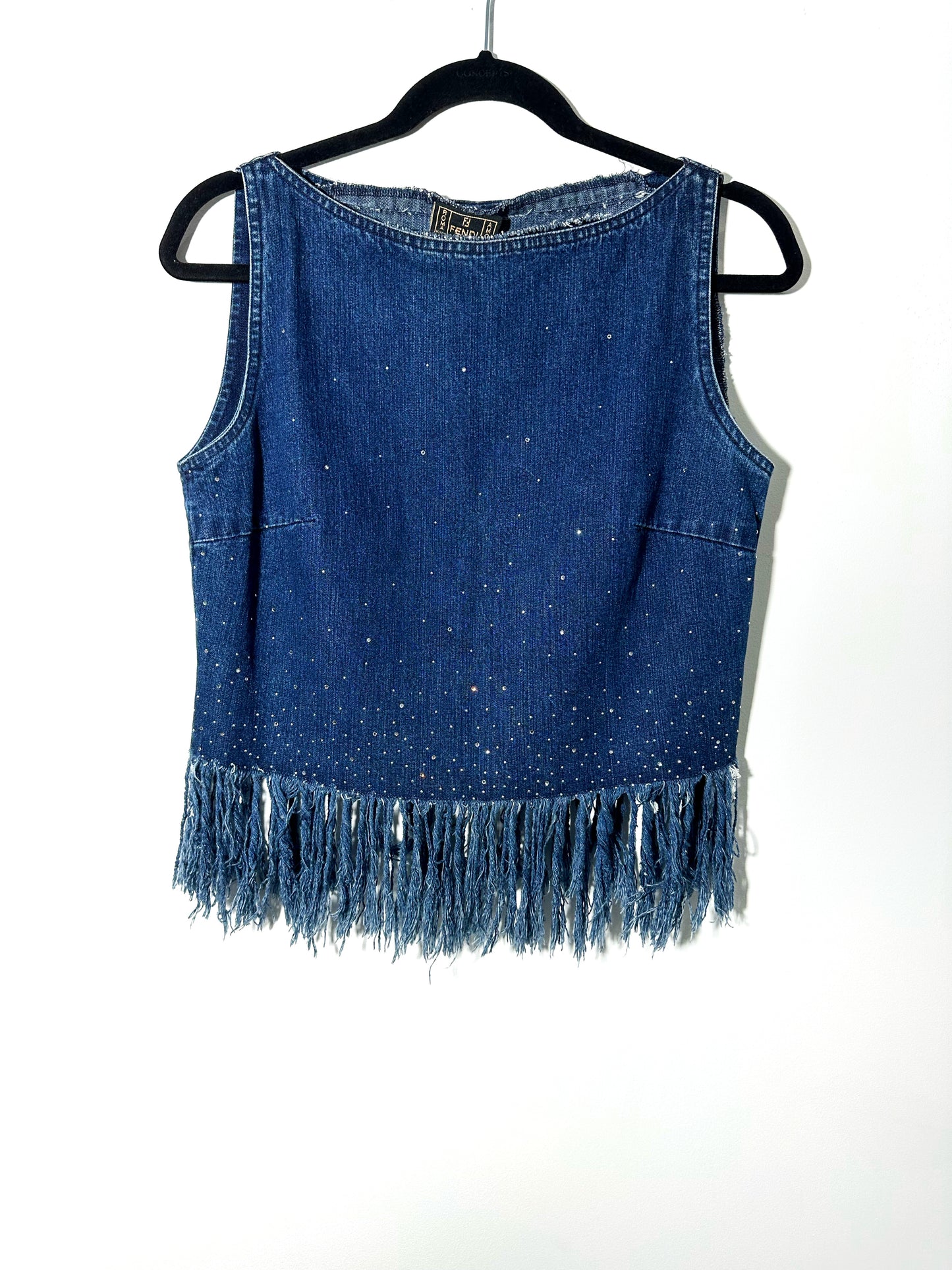 FENDI denim rhinestone fray fringe set